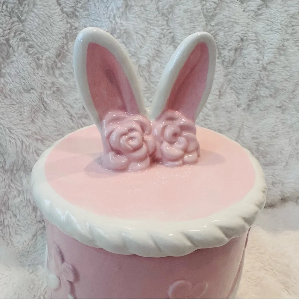 Cookie Jar Easter Cake Shaped Canister Bunny Ears Pink Frosting Ceramic NEW 10”